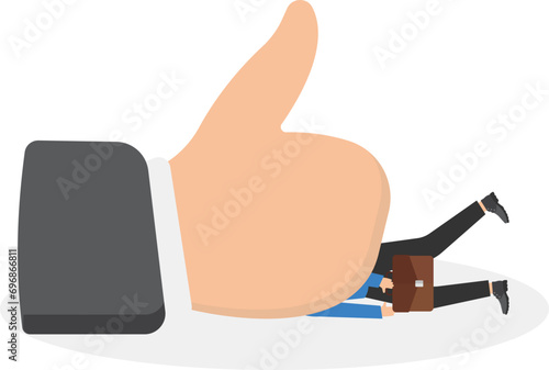 Giant like symbol smashing a man. Social network addiction, low self-esteem, fake news concept. Vector illustration.

