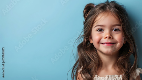 Portrait of little pretty brunette hair girl child in dress with expression of joy on face, cute smiling isolated on a flat pastel blue background with copy space. Template for banner, text place. photo
