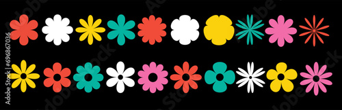 Abstract flowers in brutalist style set. Modern vector illustration on black background