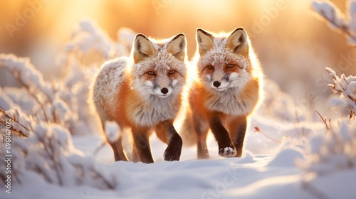 Agile red foxes chasing each other through a pristine snowy meadow, their fur reflecting the winter sunlight.
