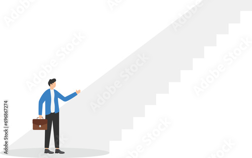 Man looking on a ladder made of ray of light. New opportunity and solution concept. Vector illustration.


