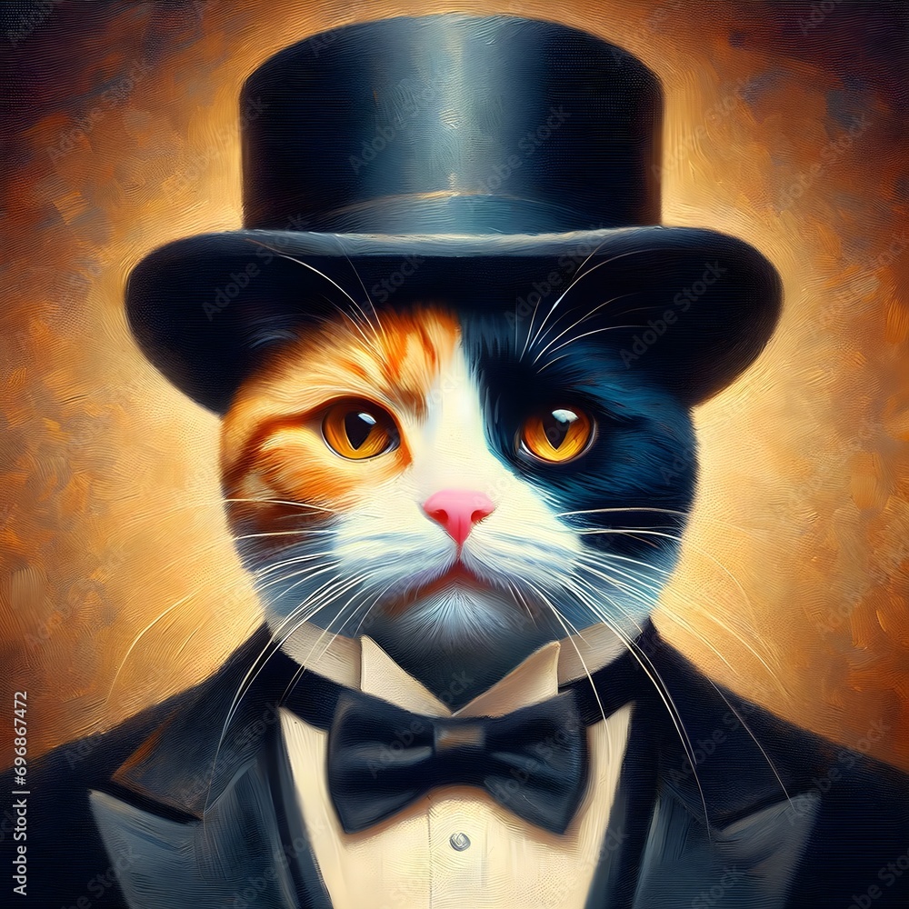 Calico cat wearing tuxedo suits and black top hat in oil painting art style on abstract yellow gradient background