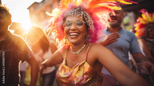 portrait of a brazilian adult woman dancing at the street, in the carnival, lively festival. festive atmosphere, colorful paints.
