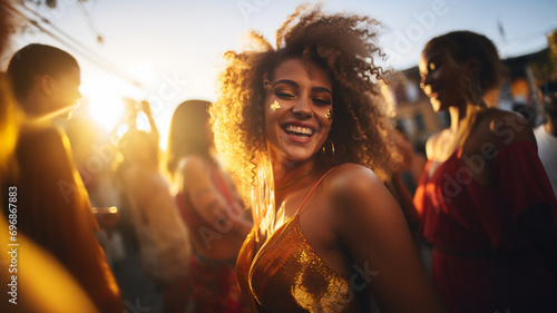 Curly haired woman celebrating carnival party on street