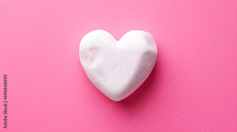 Top View of a White Stone Heart on a hot pink Background. Romantic Template with Copy Space