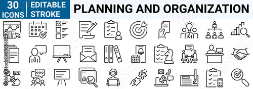 Planning and organization line web icons. Business Management, Meeting, Conference. Vector illustration. Outline icon. Editable stroke.