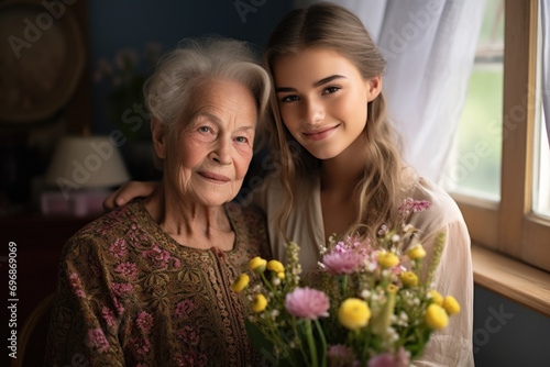 Senior woman and granddaughter smiling together with flowers. © Anna