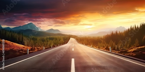 Journey through captivating landscape road stretches endlessly toward horizon. Sun bids farewell on highway of sky breathtaking sunset unfolds. Travel concept photo