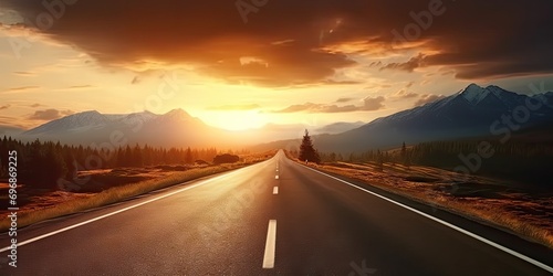 Journey through captivating landscape road stretches endlessly toward horizon. Sun bids farewell on highway of sky breathtaking sunset unfolds. Travel concept © Wuttichai