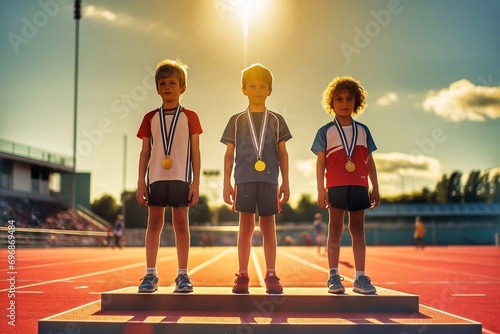 Group of child athletes with medals standing on podium on stadium track and looking at camera on sunny day. Young children athletes stand on the podium with medals. Children's Sports Olympiad