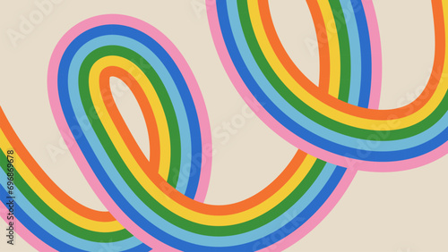 Groovy abstract rainbow stripes on beige background. Retro vector backdrop in 60-70s hippy style. Vintage hand drawn design