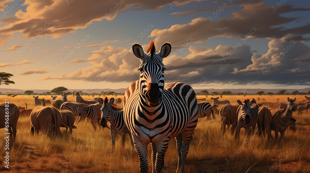 Diverse group of wild animals, including zebras, antelopes, and wildebeests, migrating across the endless Serengeti plains in search of fresh grazing grounds. - obrazy, fototapety, plakaty 