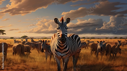 Diverse group of wild animals  including zebras  antelopes  and wildebeests  migrating across the endless Serengeti plains in search of fresh grazing grounds.