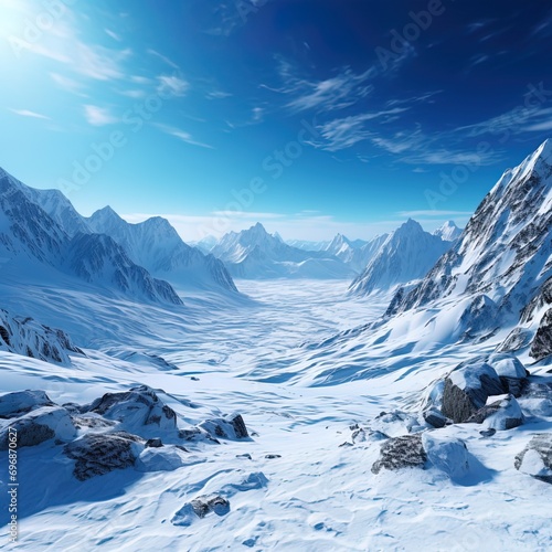 Mountains covered with snow and ice create a magnificent landscape against the backdrop of a clear