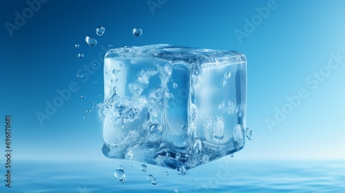 Falling ice cube on a blue background. Frozen water.