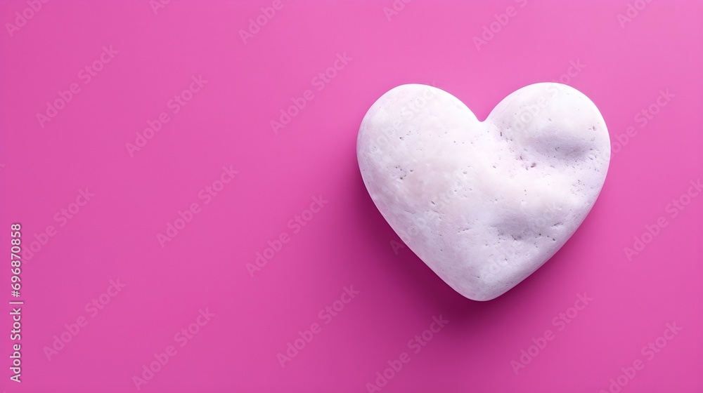 Top View of a White Stone Heart on a magenta Background. Romantic Template with Copy Space