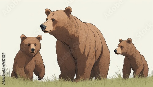A mother bear and her two cubs are walking together