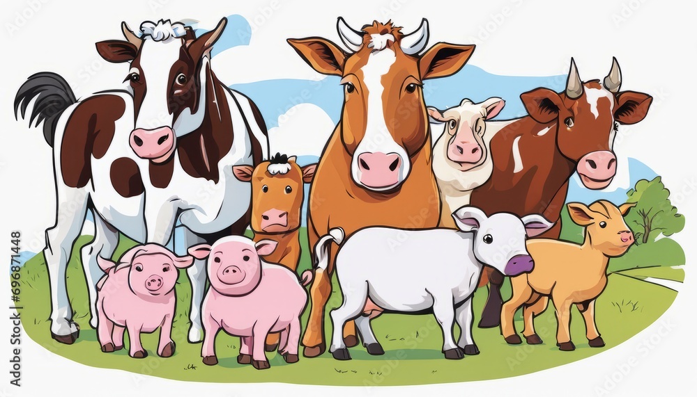 A cartoon image of cows and pigs standing together A cartoon image of cows and pigs standing together
