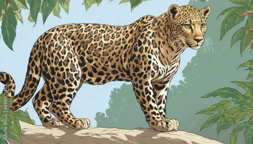 Naklejka premium A leopard in the wild, standing on a rock