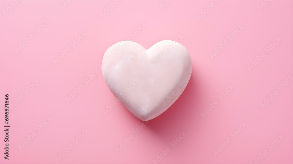 Top View of a White Stone Heart on a pink Background. Romantic Template with Copy Space