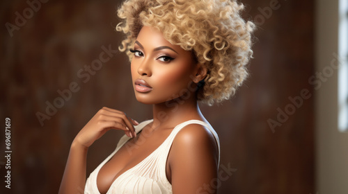 Beauty portrait of african american woman with clean healthy skin on beige background. Smiling dreamy beautiful afro haitstyle girl.Curly black hair