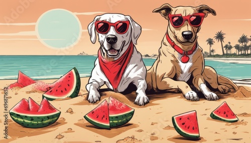 Two dogs wearing sunglasses and red bandanas