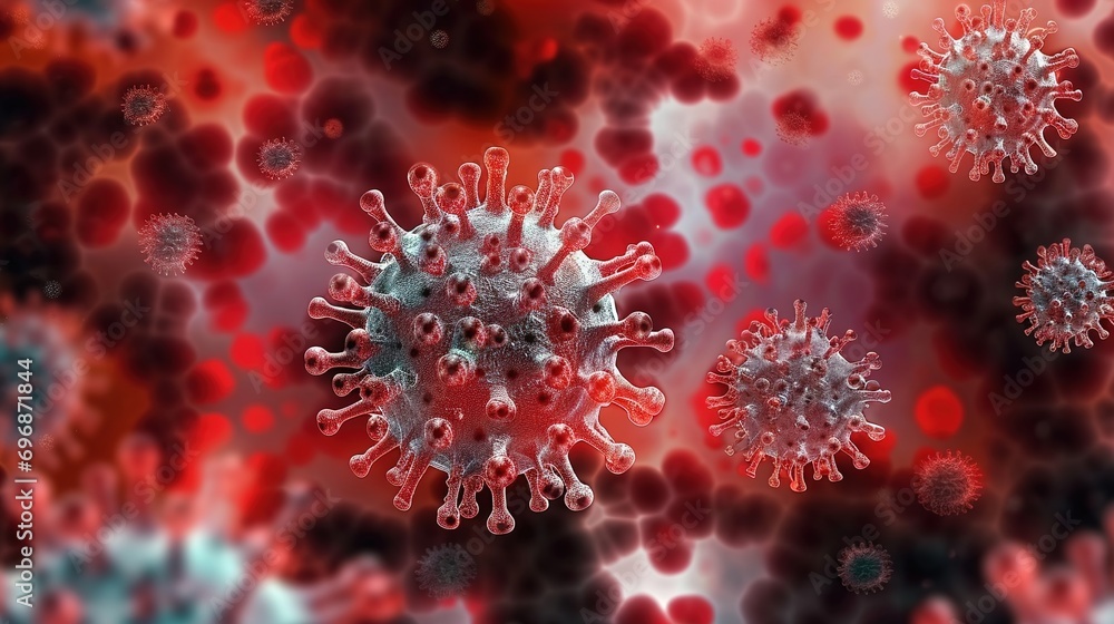 Close-up of influenza virus and coronavirus in the body. Medical concept of scientific research in virology and microbiology Close-up of influenza virus and coronavirus in the body. Medical concept of scientific research in virology and microbiology