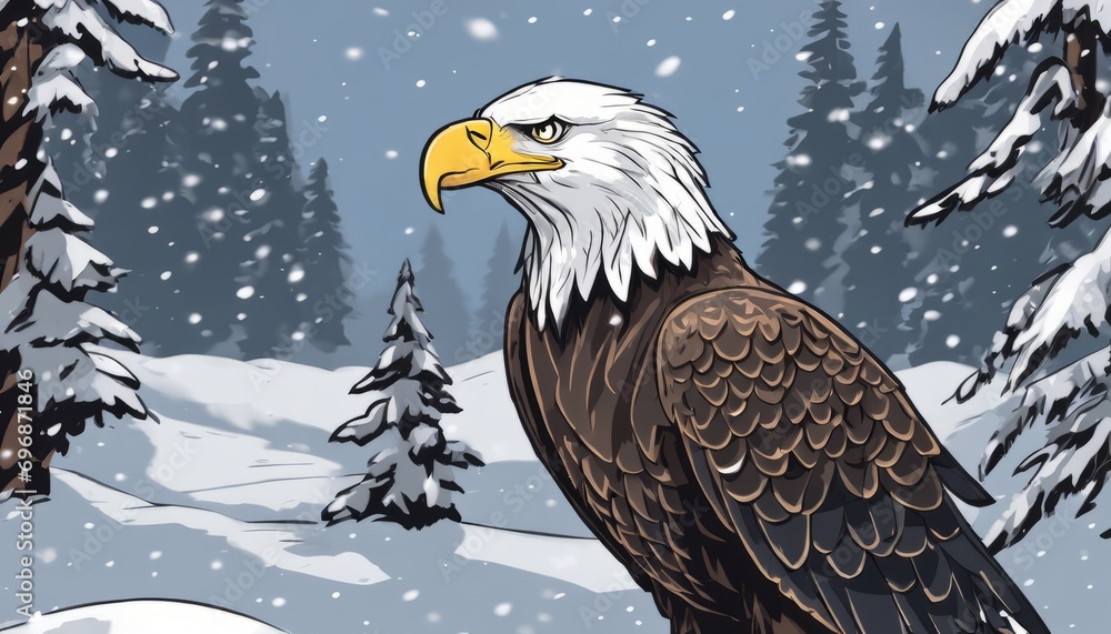 A bald eagle in a snowy forest A bald eagle in a snowy forest