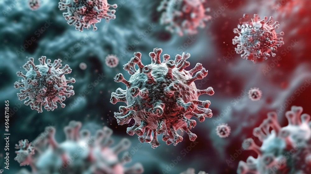 Close-up of influenza virus and coronavirus in the body. Medical concept of scientific research in virology and microbiology Close-up of influenza virus and coronavirus in the body. Medical concept of scientific research in virology and microbiology