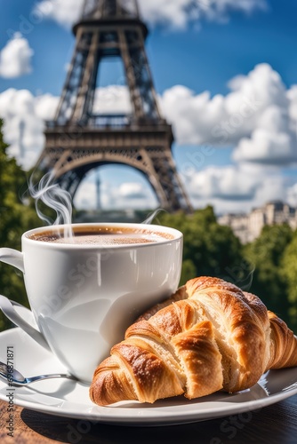 A white cup of coffee with croissant on the background of the Eiffel Tower at noon. France  vacation.