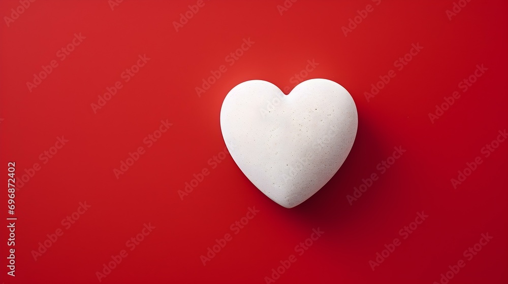 Top View of a White Stone Heart on a red Background. Romantic Template with Copy Space