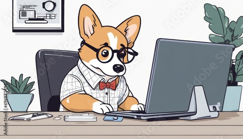 A cute cartoon dog wearing glasses and a bow tie is sitting at a desk with a laptop