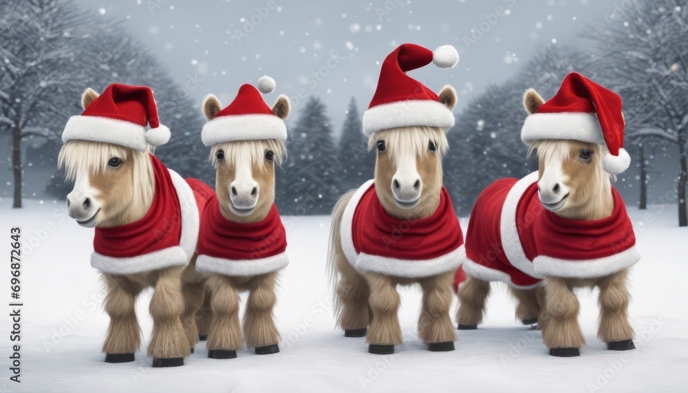 Three horses wearing Santa hats and coats Three horses wearing Santa hats and coats