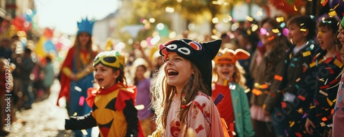 groupe d'enfant qui parade dans la rue pour Mardi-gras - format bannière web