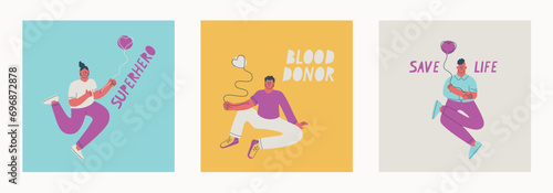 Set of blood donation illustrations. Slogans - Blood Donor, Save Life, Superhero. Cute characters donating blood.