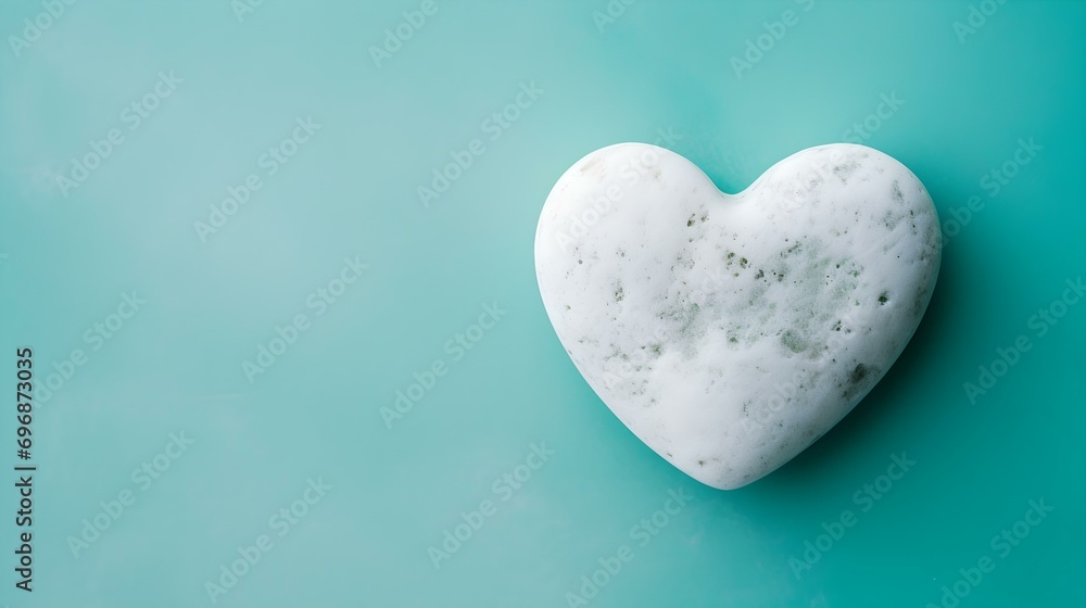 Obraz premium Top View of a White Stone Heart on a turquoise Background. Romantic Template with Copy Space