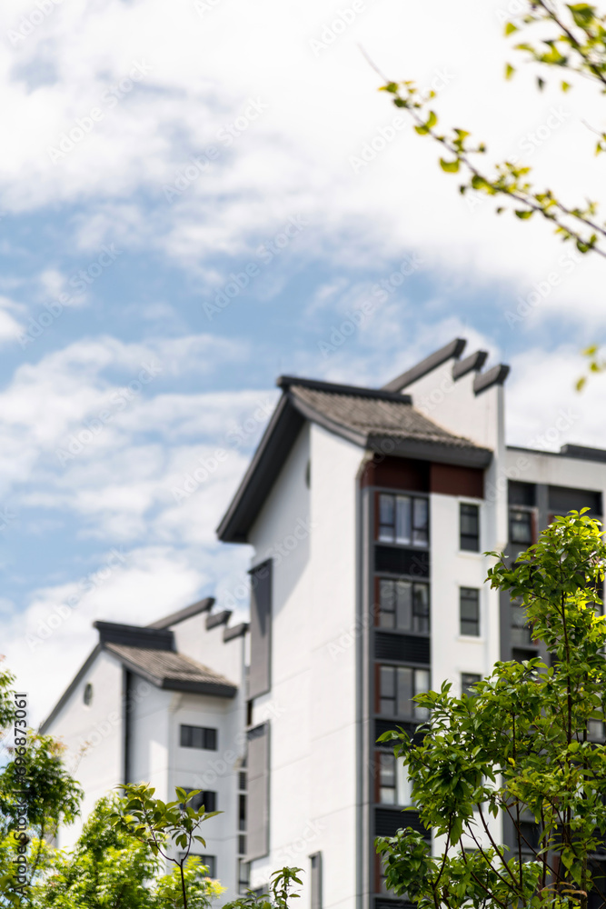 Modern apartment buildings with Chinese style rooftops