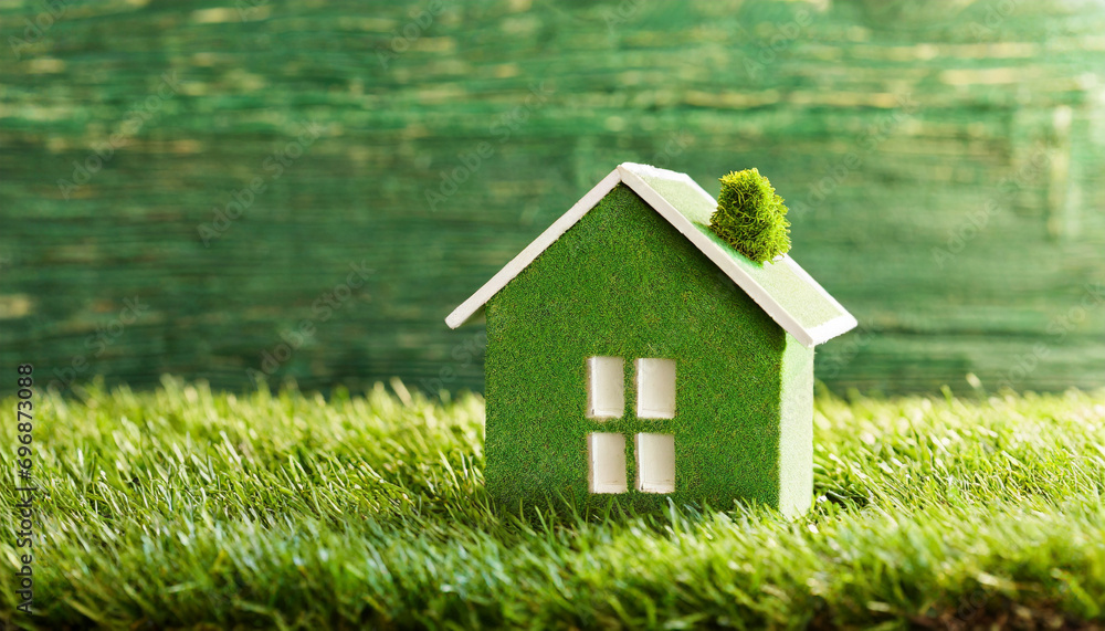 Small green eco house on grass with copy space Small green eco house on grass with copy space