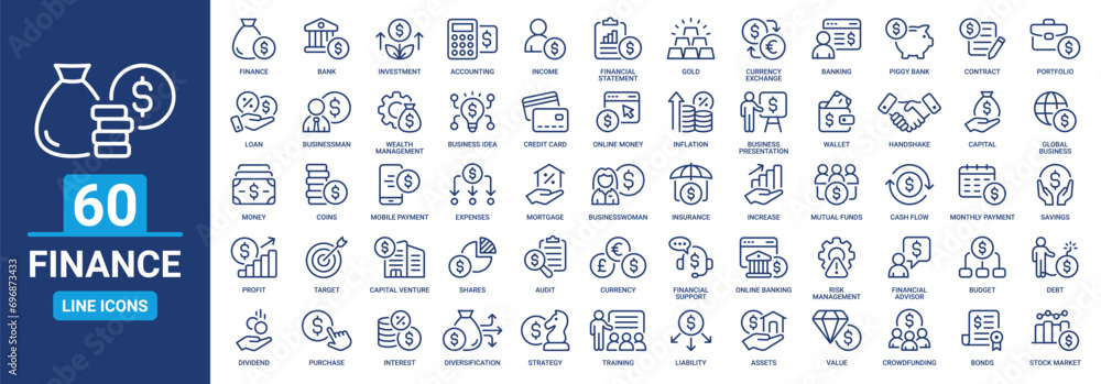 Finance icon set. Containing banking, Investment, income, accounting, money, loan, audit, financial and more. Vector outline icons collection. - obrazy, fototapety, plakaty 