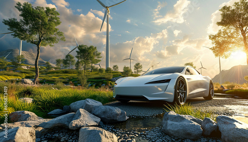 Electric car drive on the wind turbines background. Car drives along green landscape. Electric car driving along windmills farm. Alternative energy for cars. Car and wind turbines farm. 3d render photo