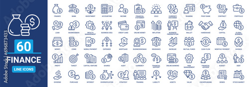 Finance icon set. Containing banking, Investment, income, accounting, money, loan, audit, financial and more. Vector outline icons collection.