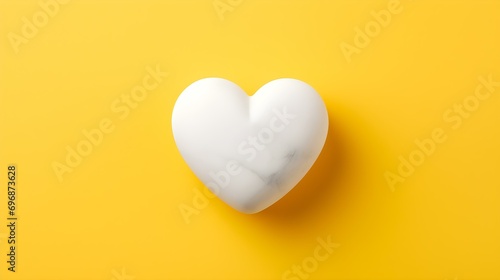 Top View of a White Stone Heart on a yellow Background. Romantic Template with Copy Space