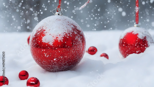 Image de Noël, avec des boules de sapin rouge très brillantes aux reflets, dans la neige, des petits flocons de neige tombant