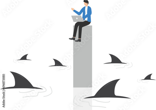 Limitations and risks of work. Concept business vector illustration, Challenge, Surrounded shark, Danger.

