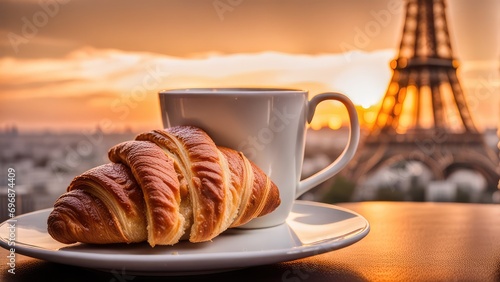 A white cup of coffee in the morning with croissant on the background of the Eiffel Tower at noon. France, morning, vacation.