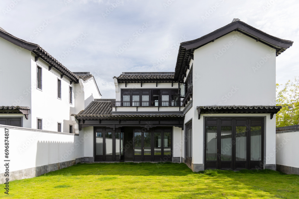 House garden with green lawn House garden with green lawn