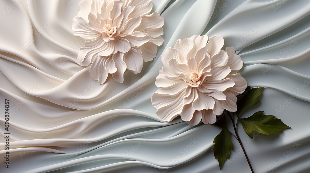A delicate white flower rests upon a soft white fabric, its pure petals embodying the grace and simplicity of nature