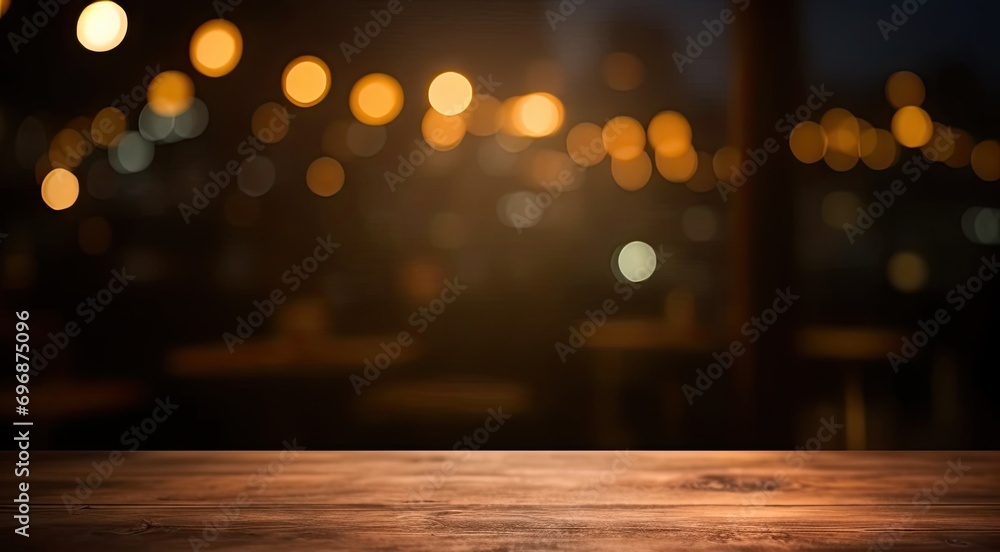 Scene bar captures essence of modern yet cozy space. Vintage wooden table bathed in warm light serves as focal point against dark ambiance of night on blurred cafe background