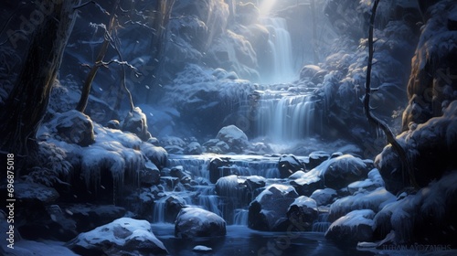 Sunlight filtering through frost-covered branches in a quiet  snow-covered grove  illuminating a hidden waterfall cascading down the rocks  creating a magical winter oasis.