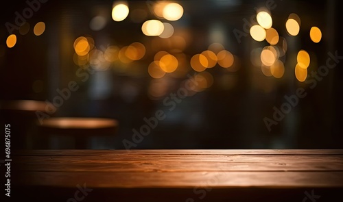 Scene bar captures essence of modern yet cozy space. Vintage wooden table bathed in warm light serves as focal point against dark ambiance of night on blurred cafe background